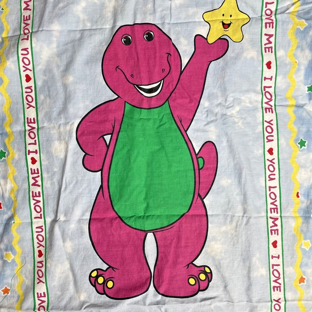 Vtg Barney the Dinosaur Bedroom Curtain Set of 2 Handmade 30" x 60" I Love You